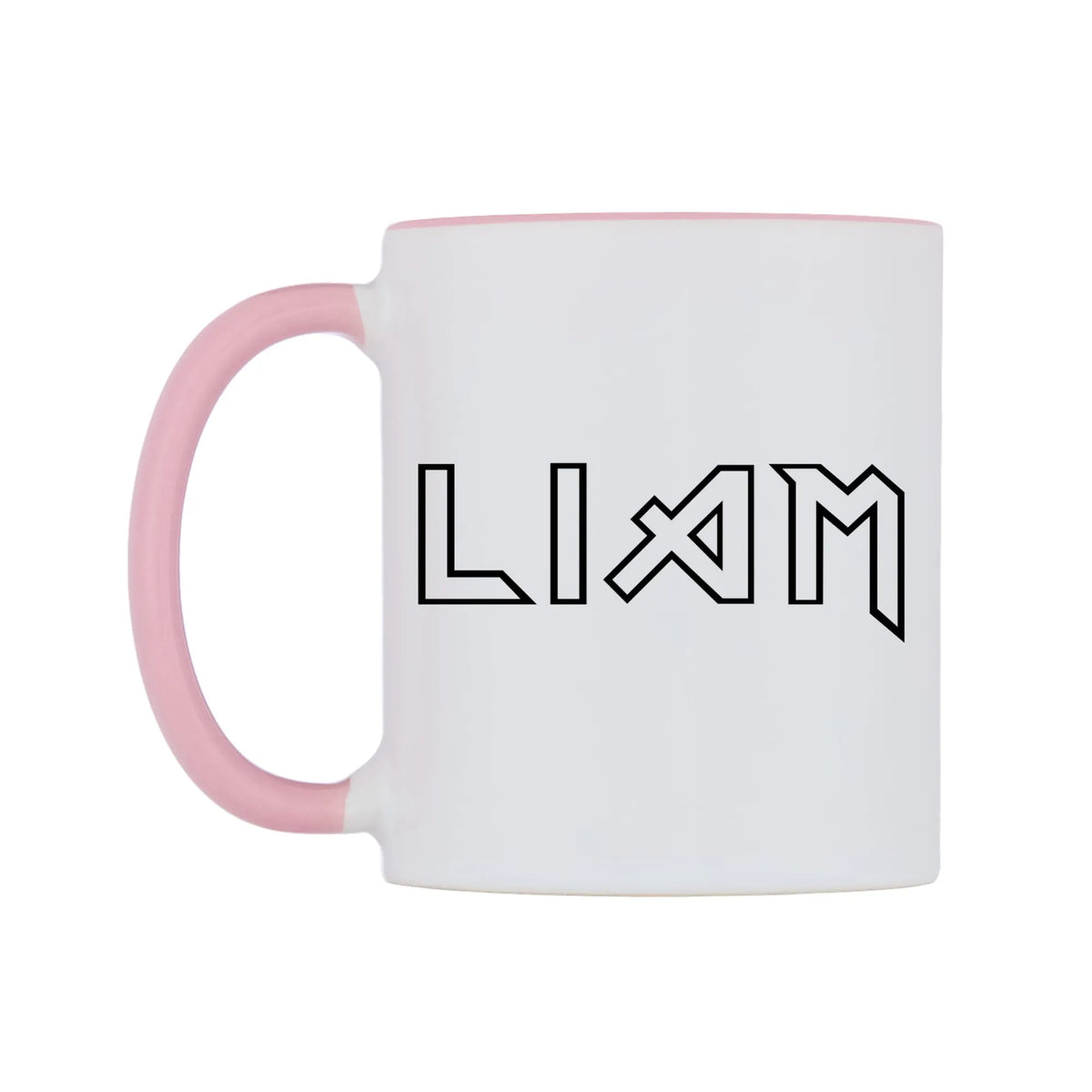 Liam - Iron Maiden Themed Mug — white 11oz gloss mug with a pink inside and handle, right side, on a white background