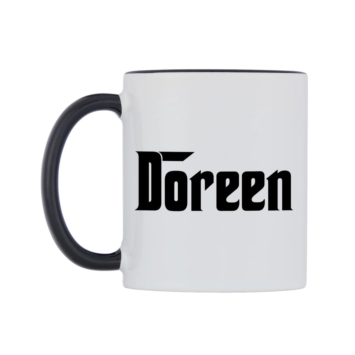 Doreen - Godfather Themed Mug — white 11oz gloss mug with a black inside and handle, right side, on a white background