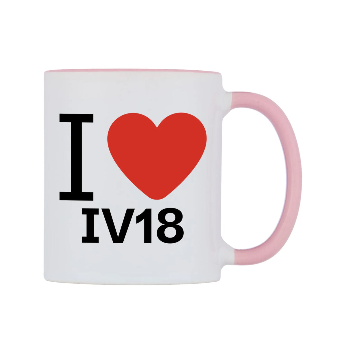 I Love IV18 Mug — white 11oz gloss mug with a pink inside and handle, left side, on a white background