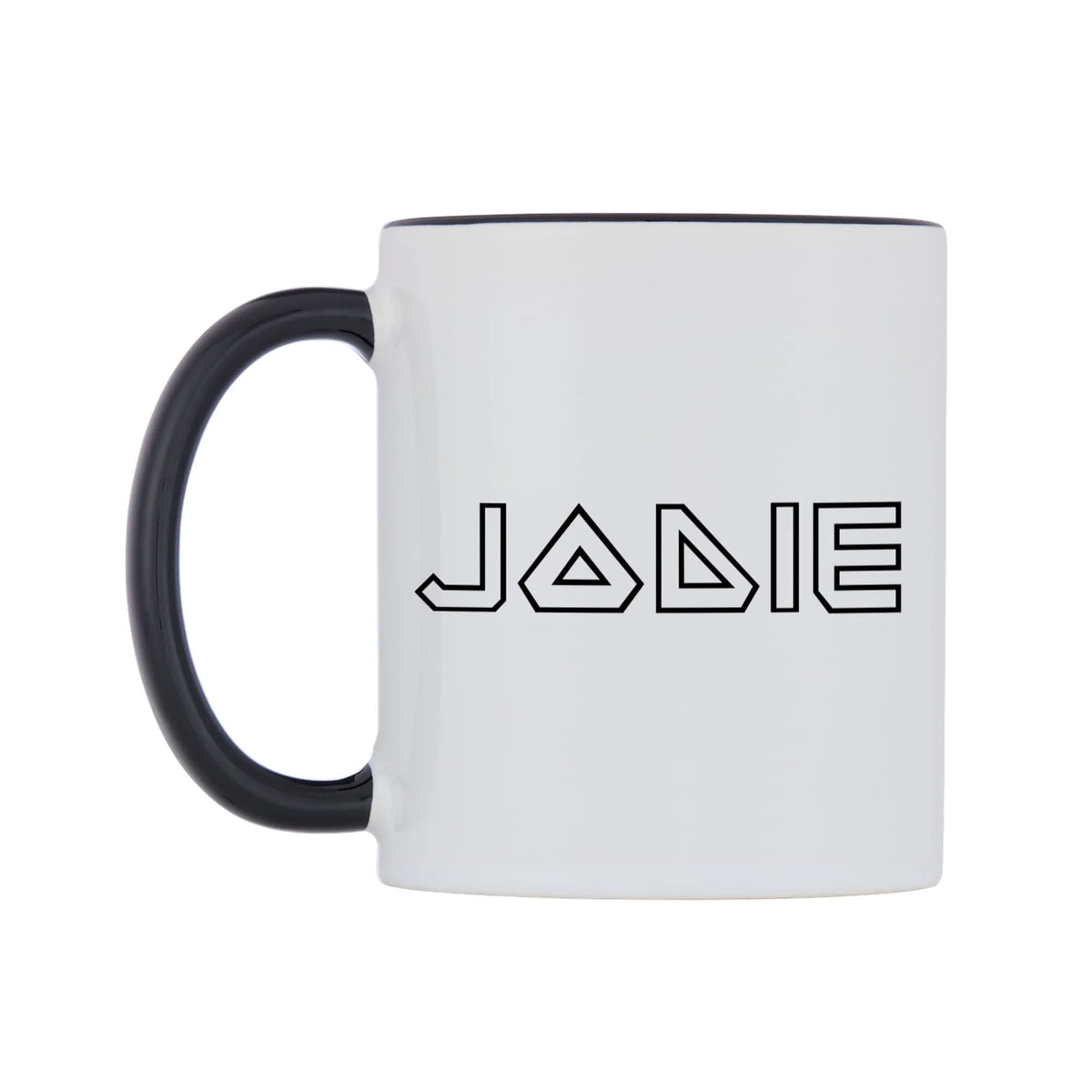Jodie - Iron Maiden Themed Mug — white 11oz gloss mug with a black inside and handle, right side, on a white background