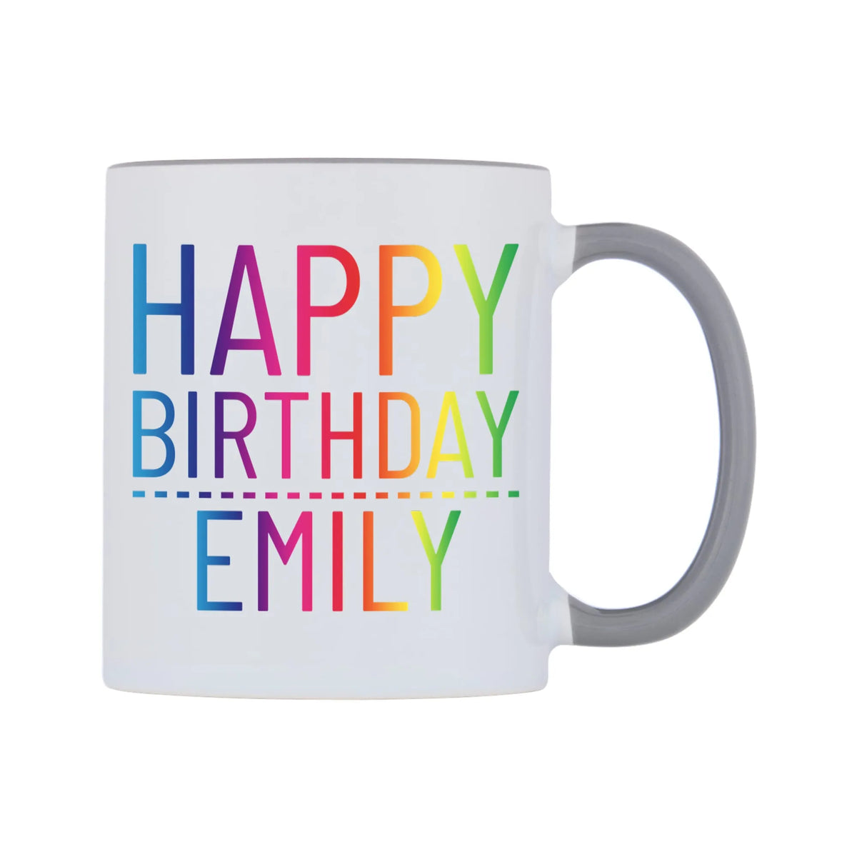 Personalised Happy Birthday (Rainbow) Mug — white 11oz gloss mug with a grey inside and handle, left side, on a white background