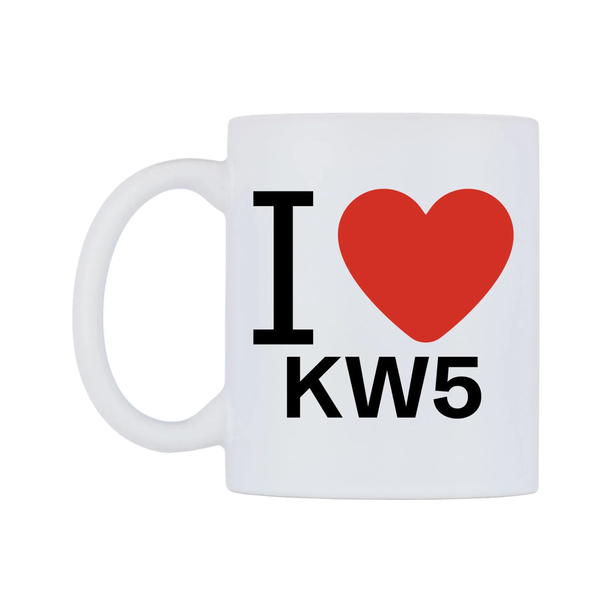 I Love KW5 Mug — white 11oz gloss mug, right side, on a white background