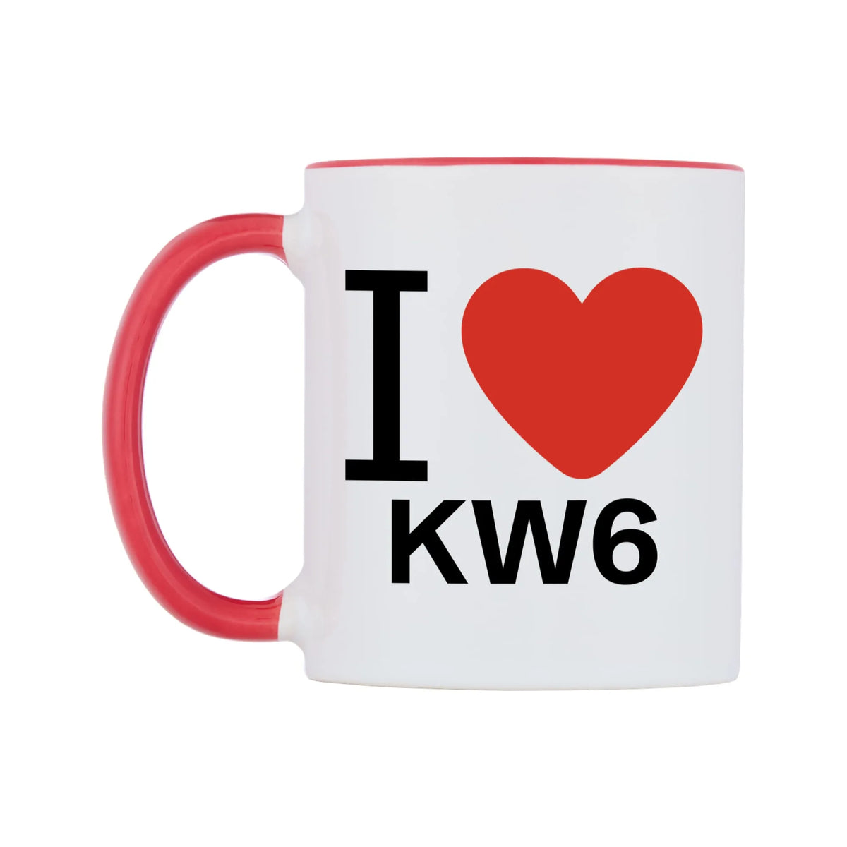 I Love KW6 Mug — white 11oz gloss mug with a red inside and handle, right side, on a white background
