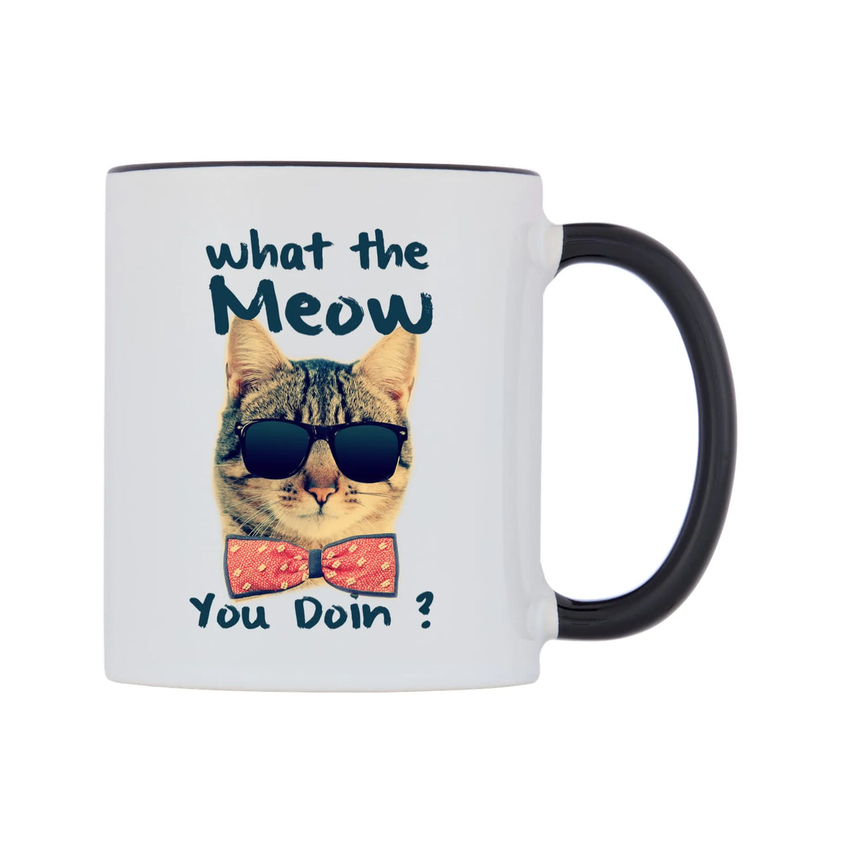 What the Meow You Doin? Mug — white 11oz gloss mug with a black inside and handle, left side, on a white background