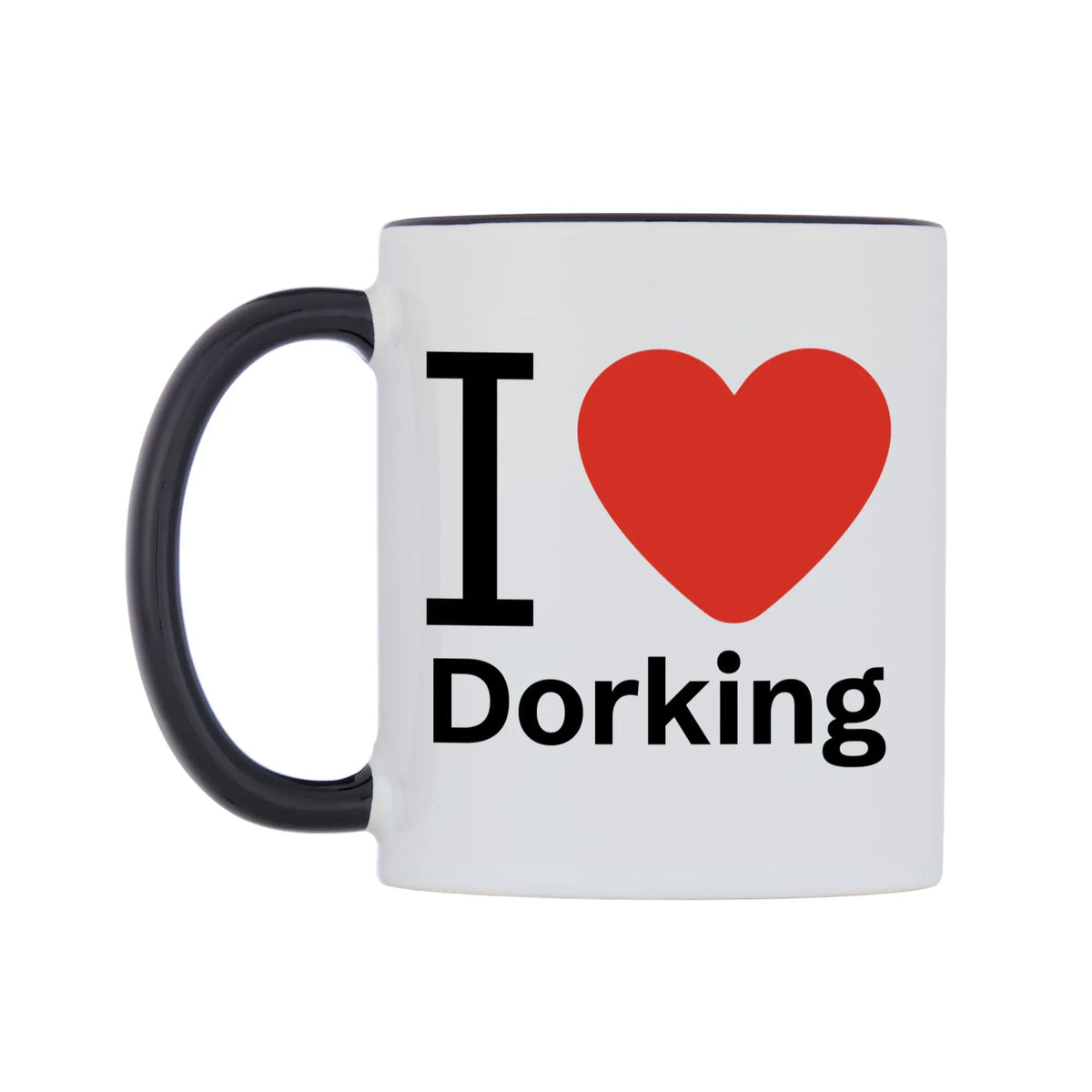 I Love Dorking Mug — white 11oz gloss mug with a black inside and handle, right side, on a white background