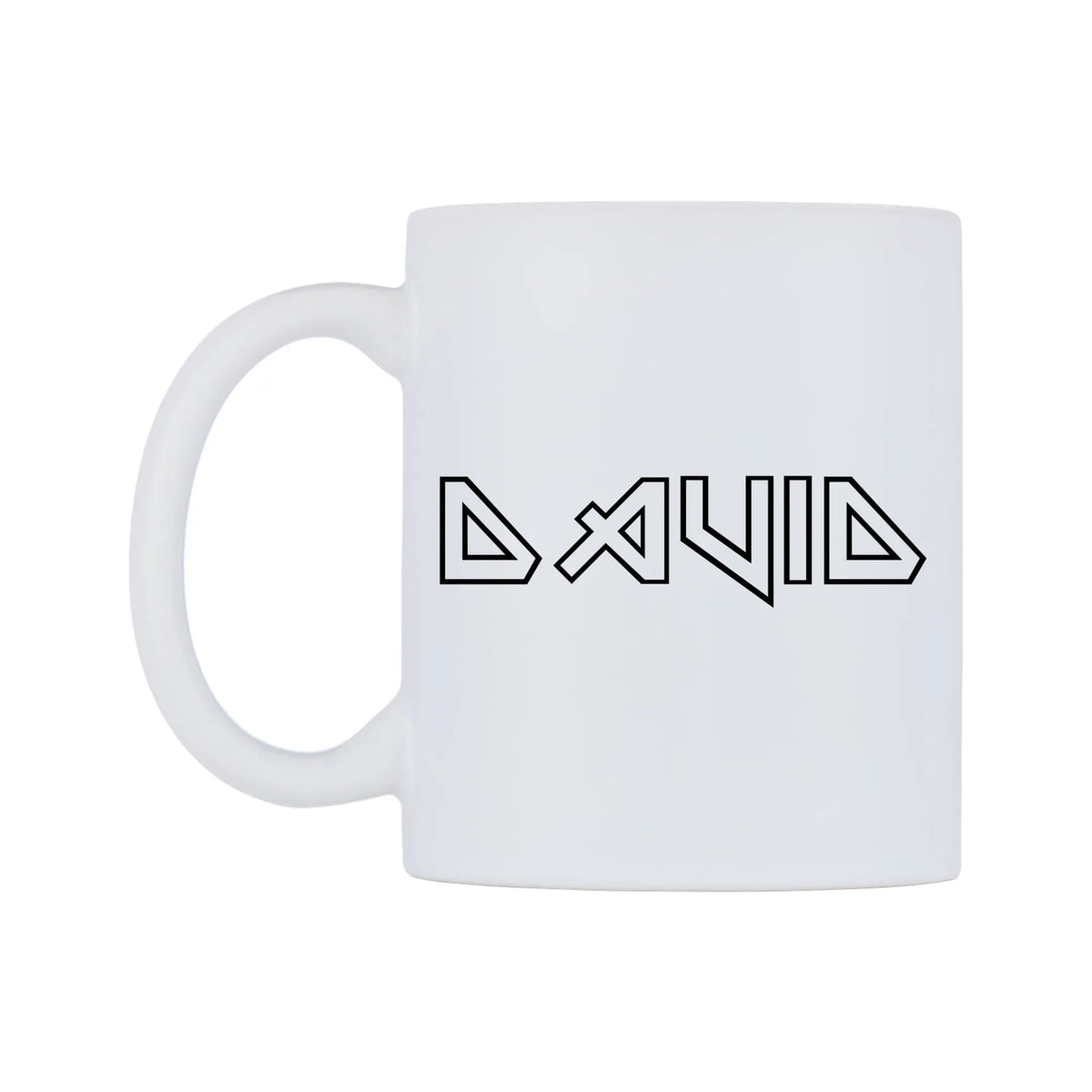 David - Iron Maiden Themed Mug — white 11oz gloss mug, right side, on a white background
