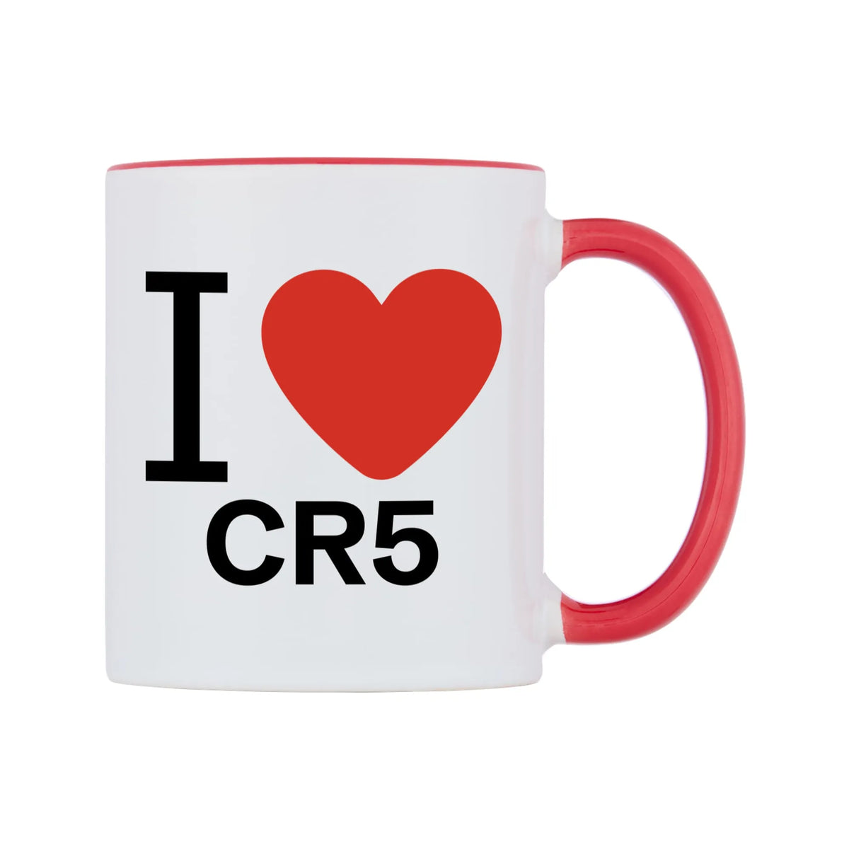 I Love CR5 Mug — white 11oz gloss mug with a red inside and handle, left side, on a white background