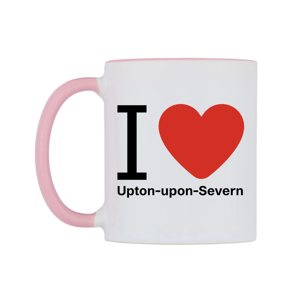 I Love Upton-upon-Severn Mug — white 11oz gloss mug with a pink inside and handle, right side, on a white background