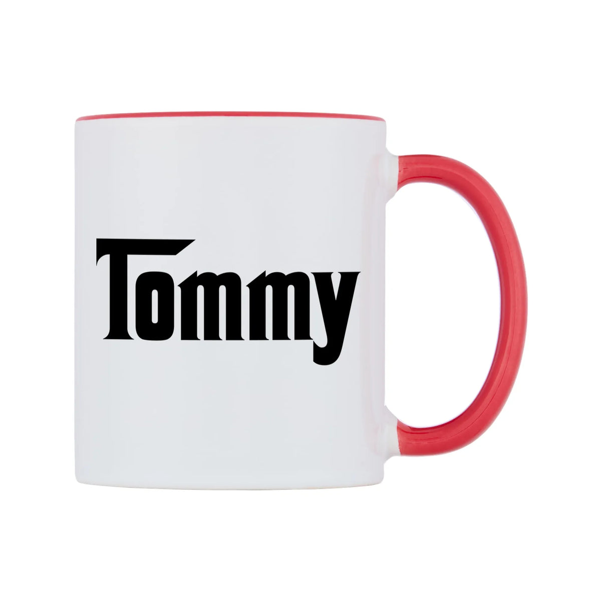 Tommy - Godfather Themed Mug — white 11oz gloss mug with a red inside and handle, left side, on a white background