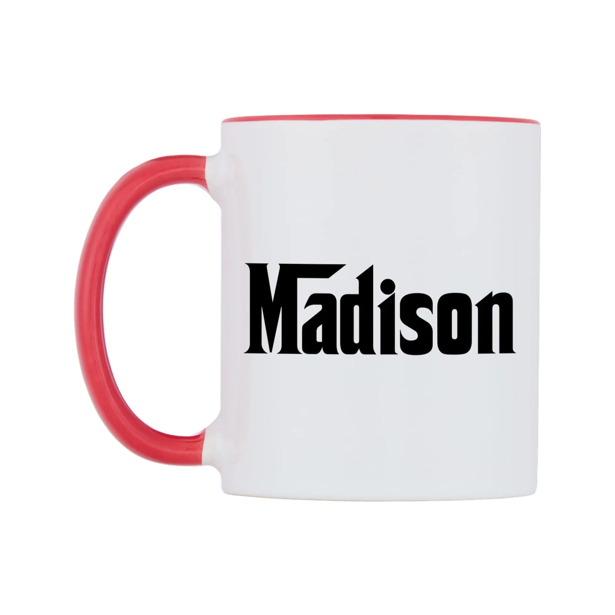 Madison - Godfather Themed Mug — white 11oz gloss mug with a red inside and handle, right side, on a white background