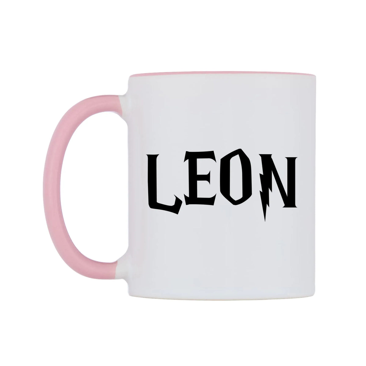 Leon - Wizard Themed Mug — white 11oz gloss mug with a pink inside and handle, right side, on a white background