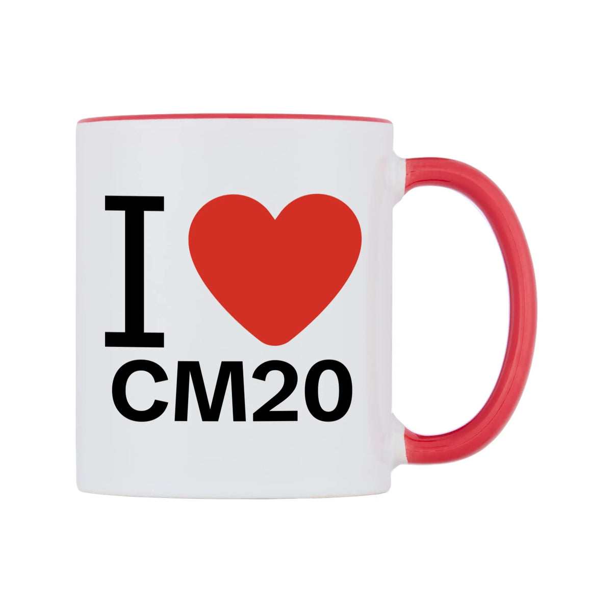I Love CM20 Mug — white 11oz gloss mug with a red inside and handle, left side, on a white background
