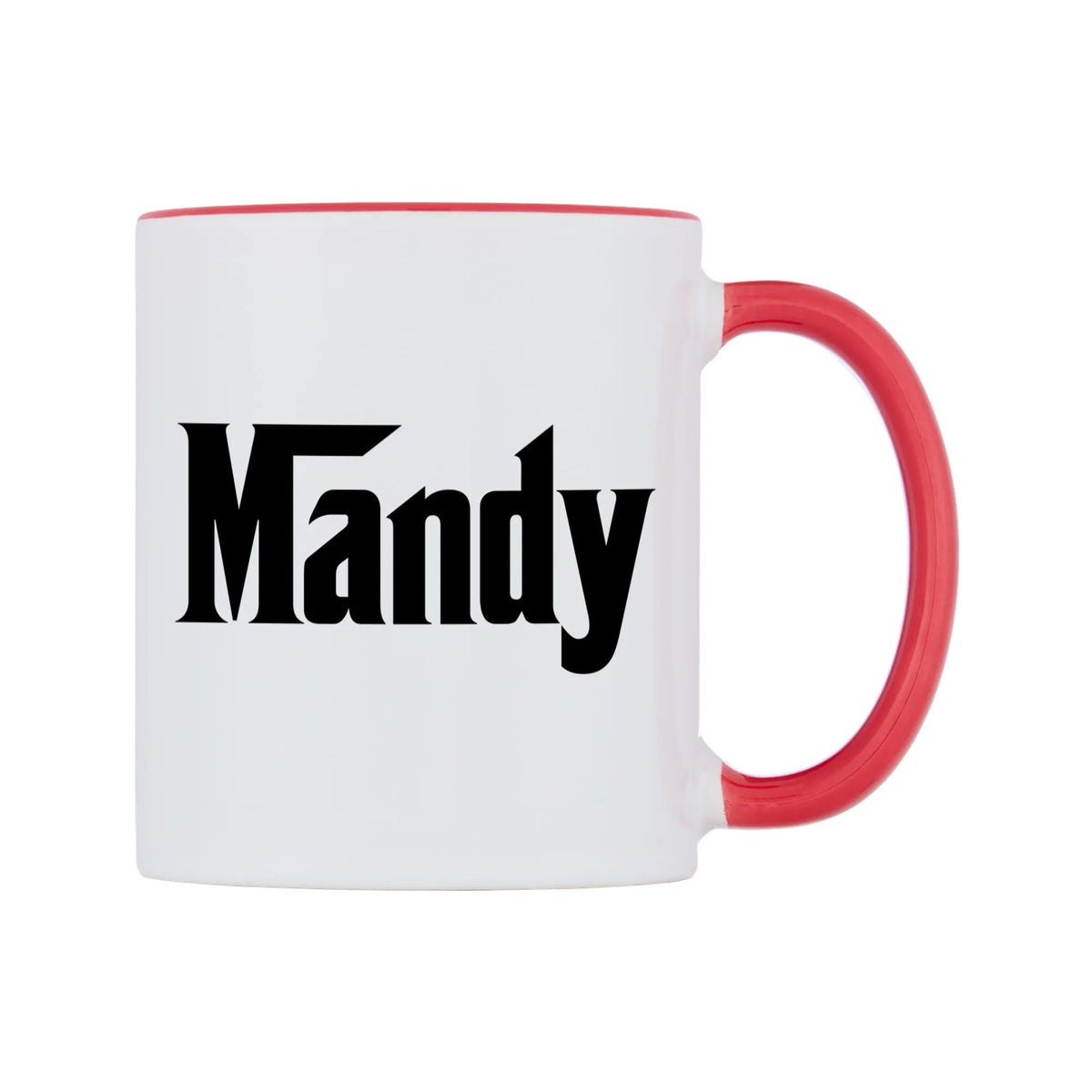 Mandy - Godfather Themed Mug — white 11oz gloss mug with a red inside and handle, left side, on a white background
