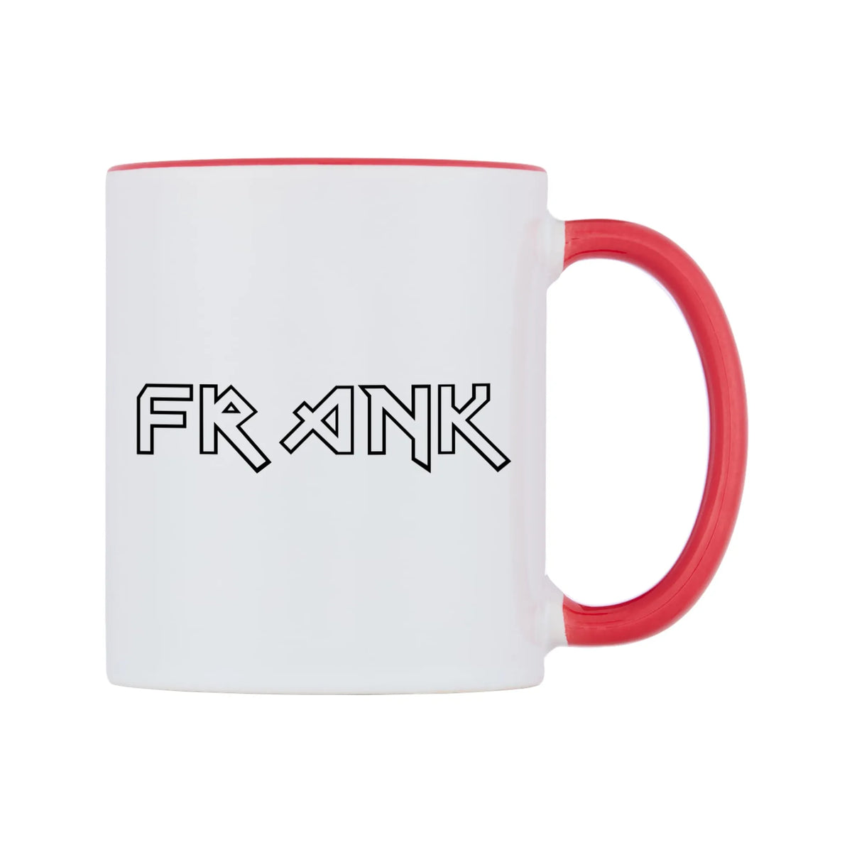 Frank - Iron Maiden Themed Mug — white 11oz gloss mug with a red inside and handle, left side, on a white background
