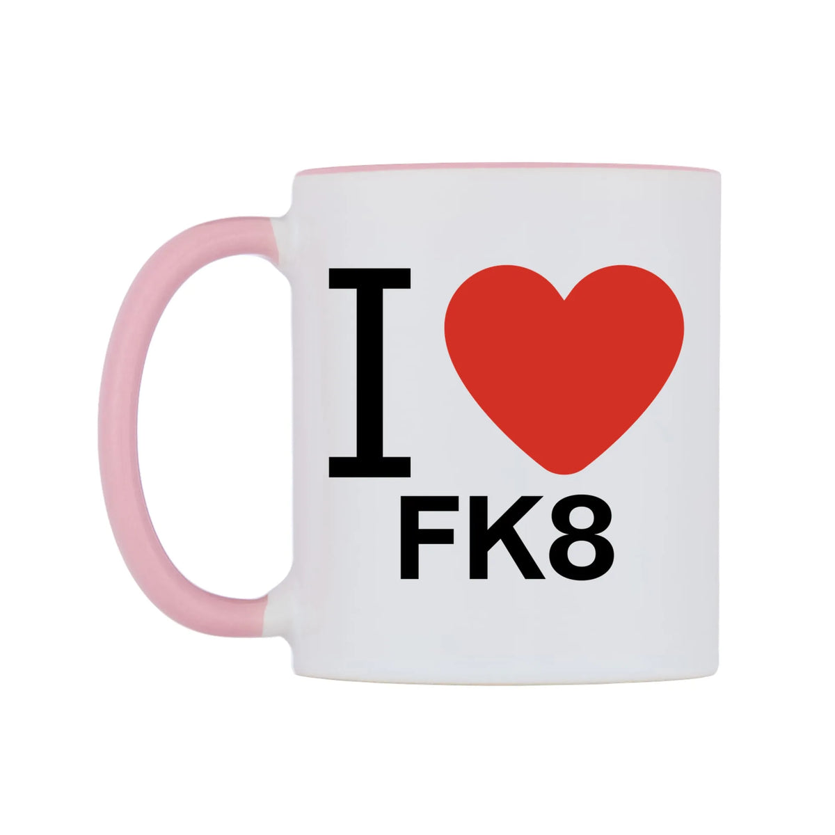 I Love FK8 Mug — white 11oz gloss mug with a pink inside and handle, right side, on a white background