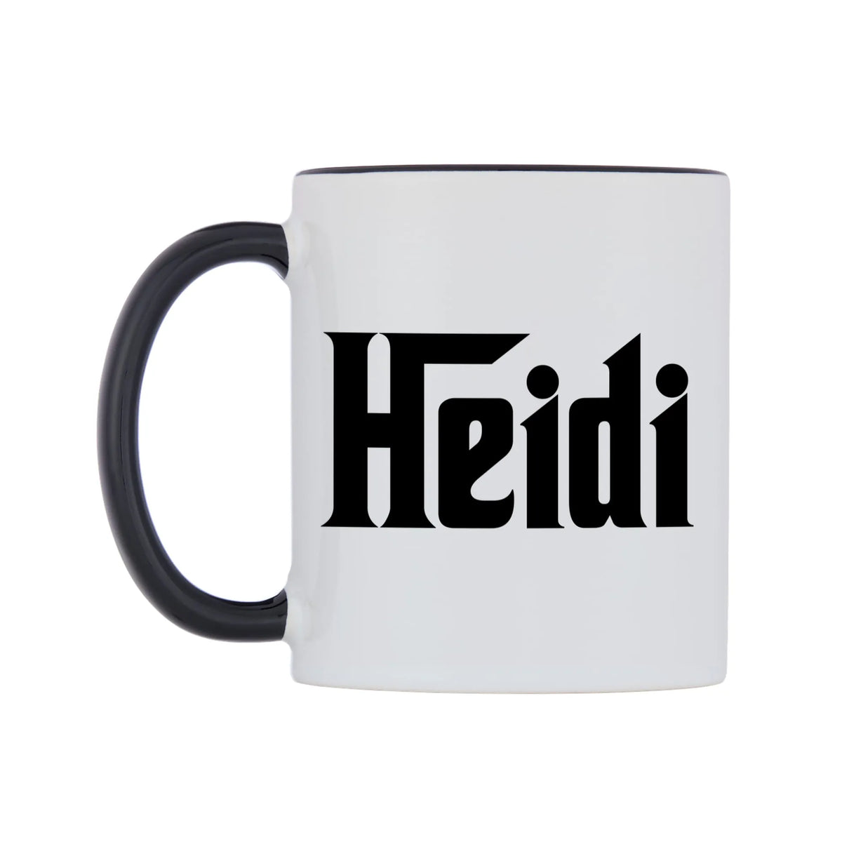 Heidi - Godfather Themed Mug — white 11oz gloss mug with a black inside and handle, right side, on a white background