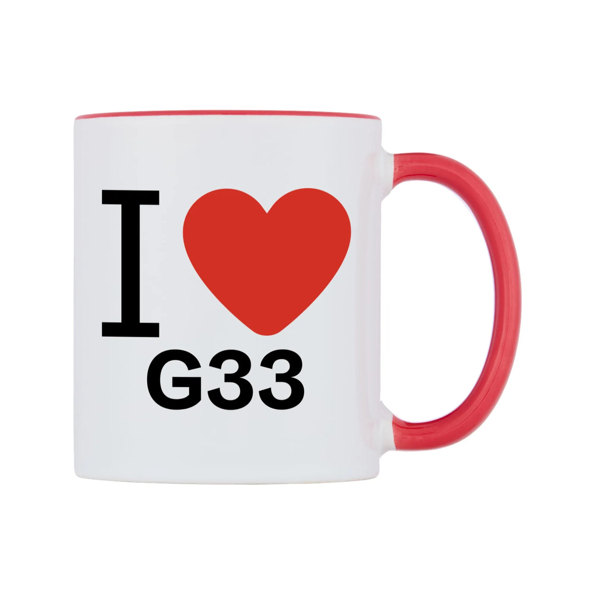 I Love G33 Mug — white 11oz gloss mug with a red inside and handle, left side, on a white background