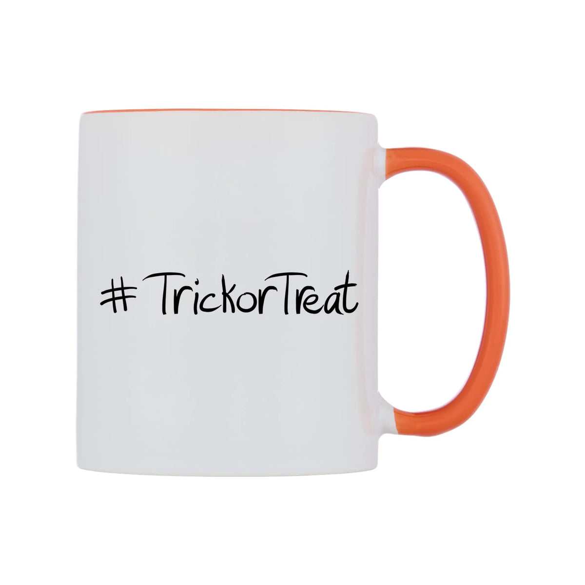 TrickorTreat Mug — white 11oz gloss mug with a orange inside and handle, left side, on a white background