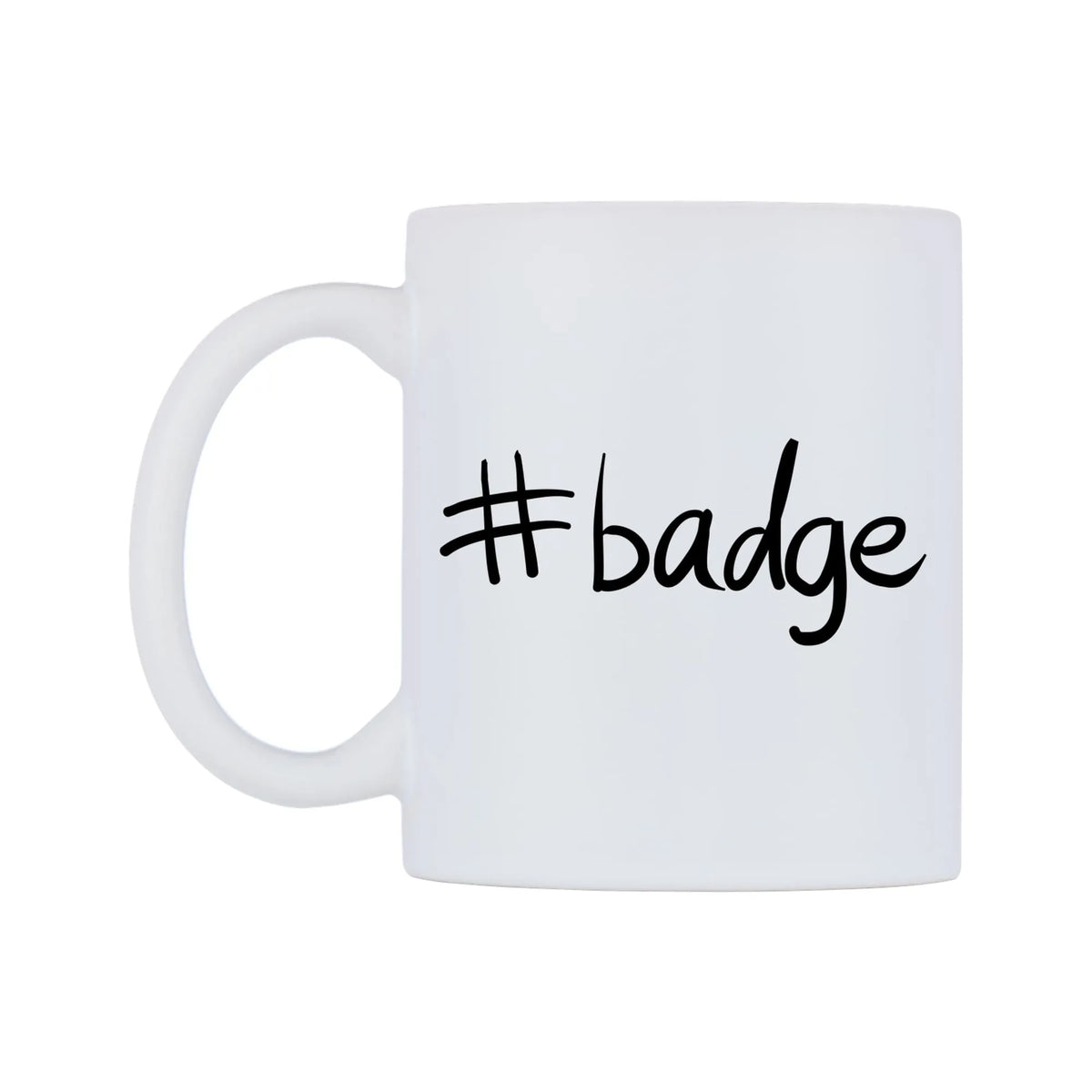 badge Mug — mug, right side, on a white background
