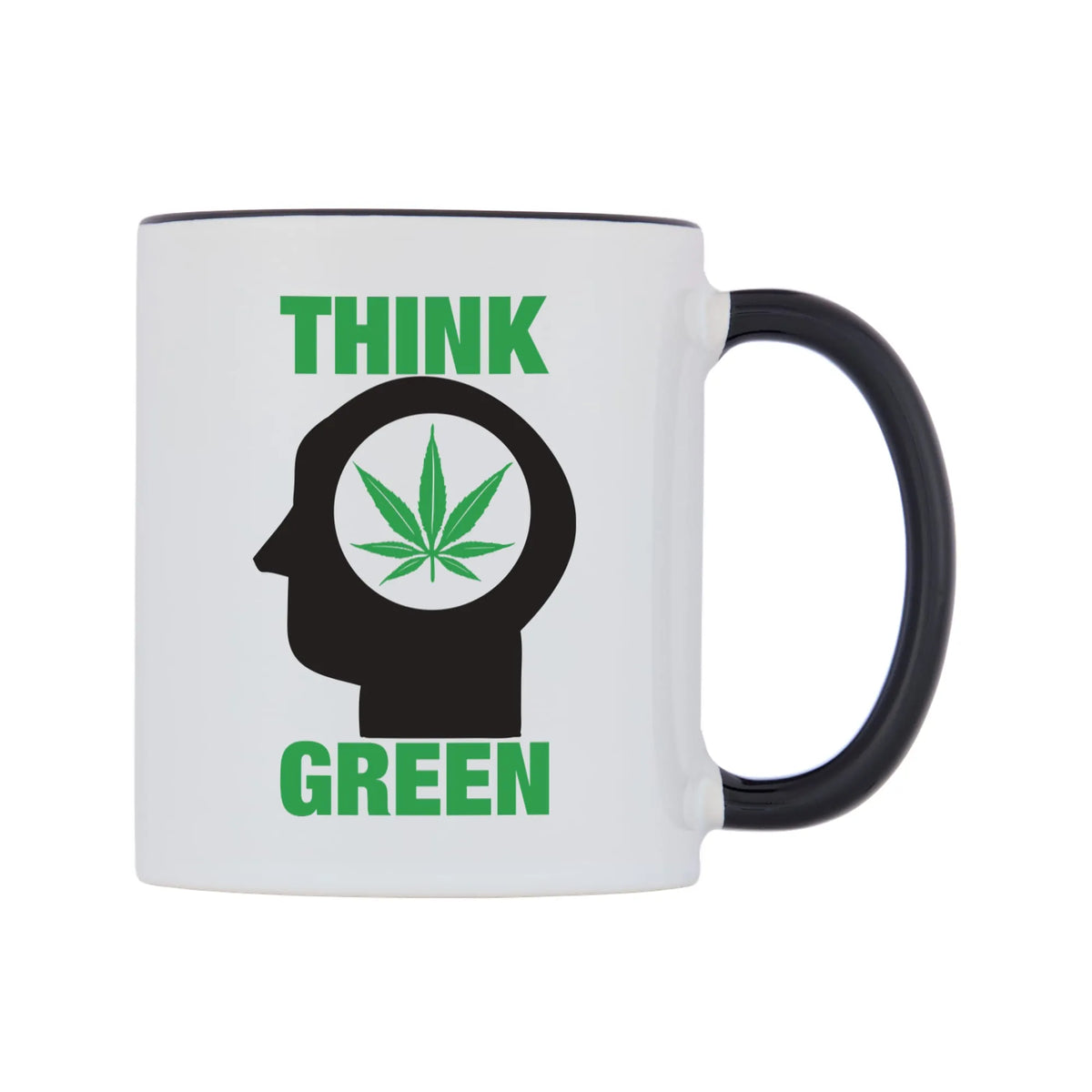 Think Green Mug — white 11oz gloss mug with a black inside and handle, left side, on a white background