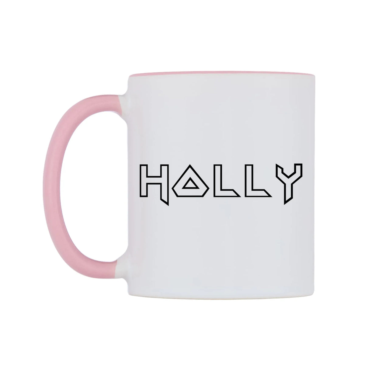 Holly - Iron Maiden Themed Mug — white 11oz gloss mug with a pink inside and handle, right side, on a white background