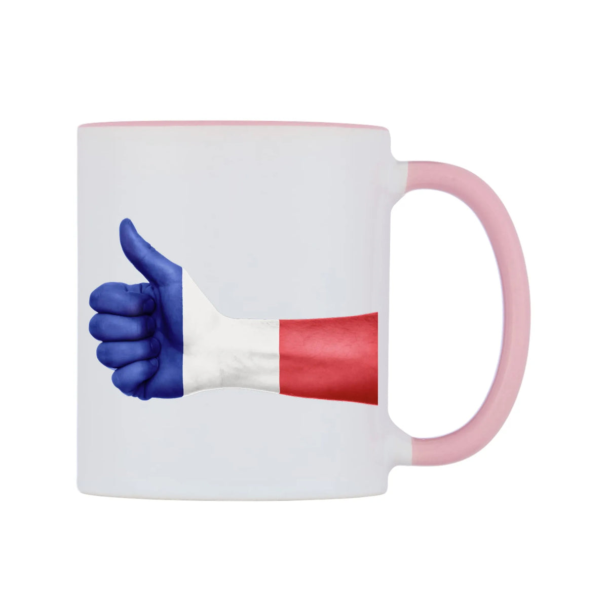 France Thumbs up Flag Mug — white 11oz gloss mug with a pink inside and handle, left side, on a white background