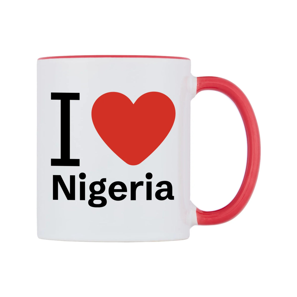 I Love Nigeria Mug — white 11oz gloss mug with a red inside and handle, left side, on a white background