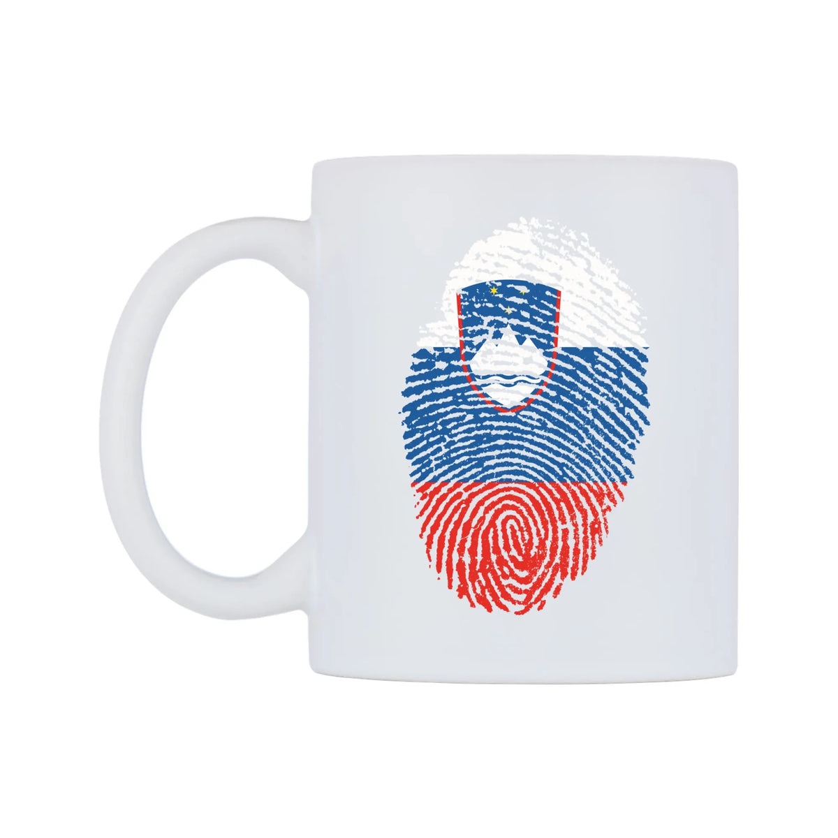 Slovenia Finger Print Flag Mug — white 11oz gloss mug, right side, on a white background
