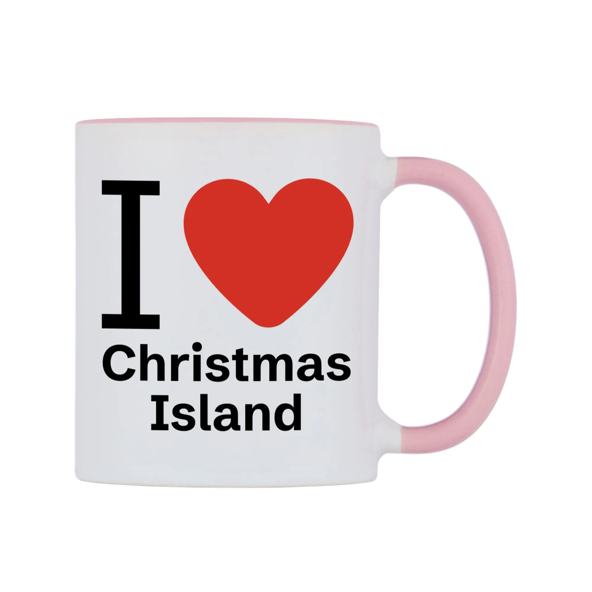 I Love Christmas Island Mug — white 11oz gloss mug with a pink inside and handle, left side, on a white background