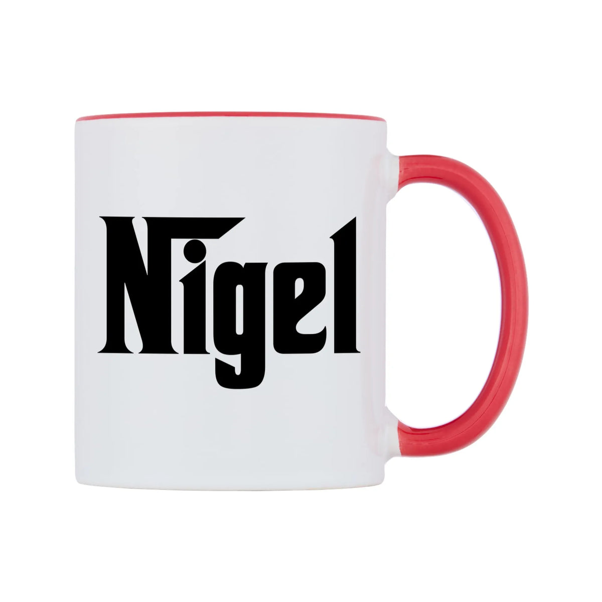 Nigel - Godfather Themed Mug — white 11oz gloss mug with a red inside and handle, left side, on a white background