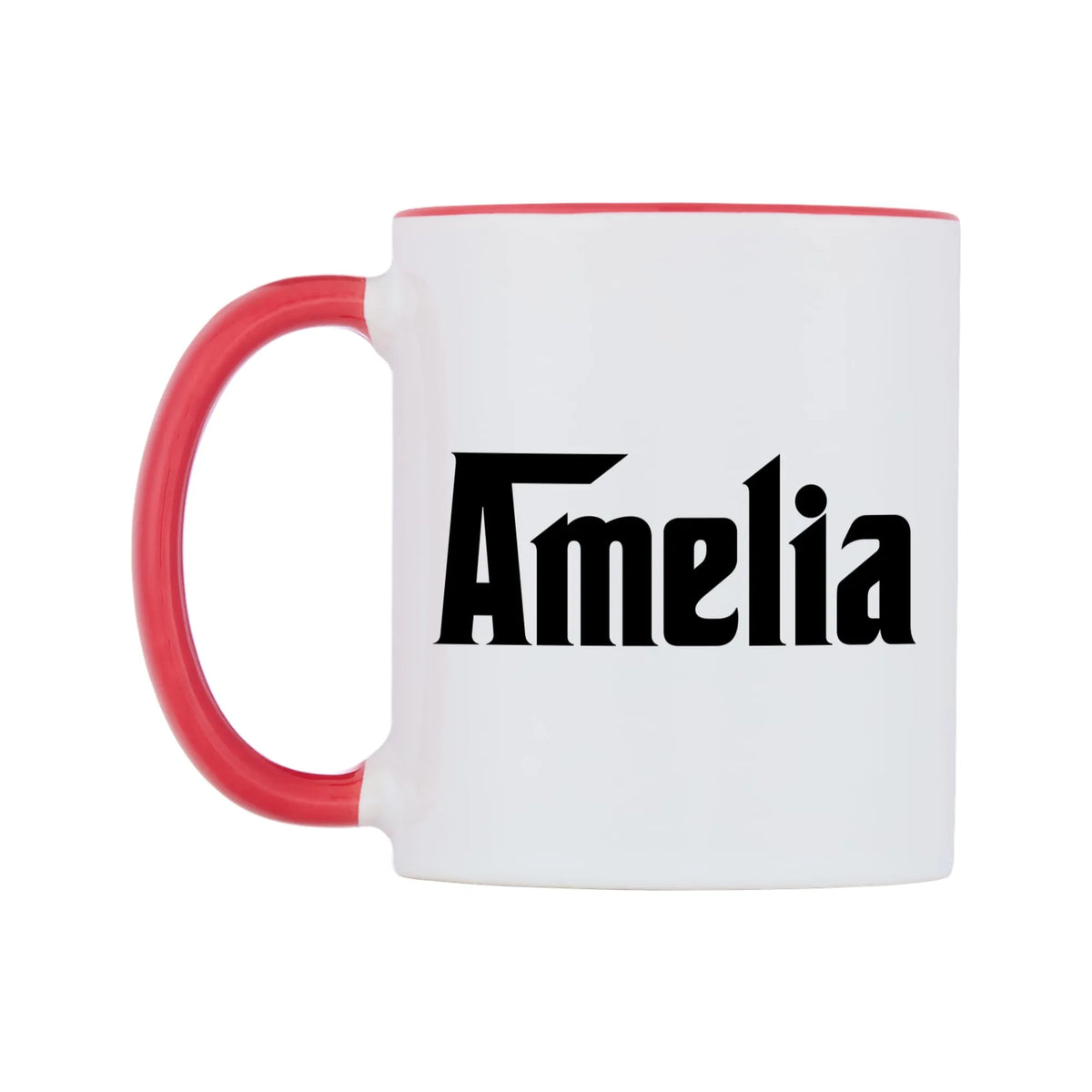 Amelia - Godfather Themed Mug — white 11oz gloss mug with a red inside and handle, right side, on a white background