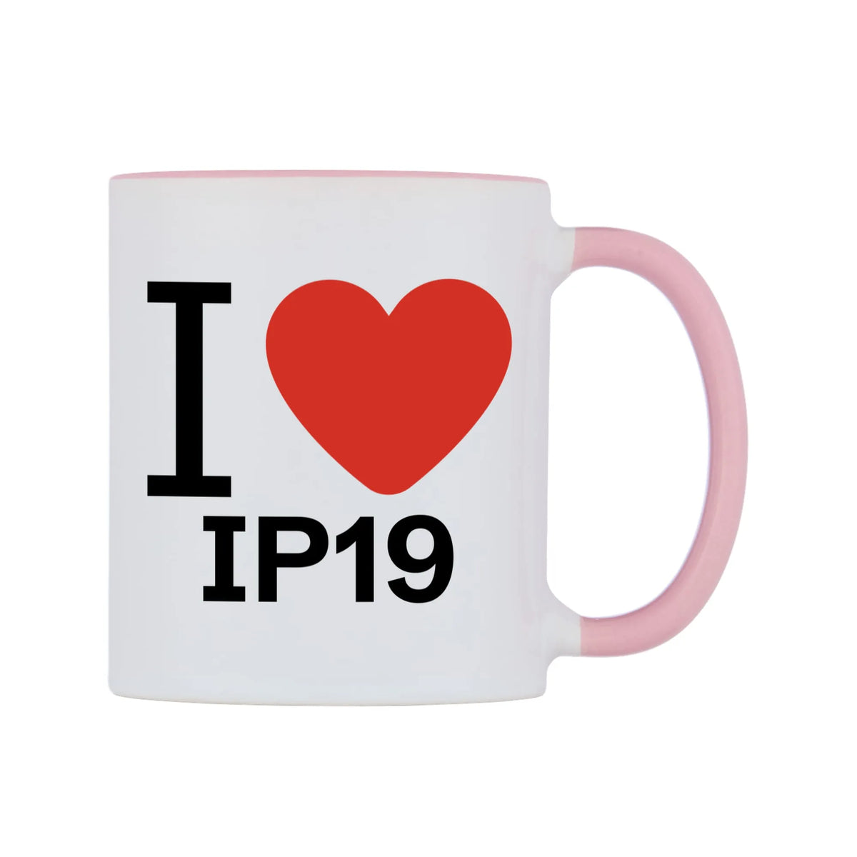 I Love IP19 Mug — white 11oz gloss mug with a pink inside and handle, left side, on a white background