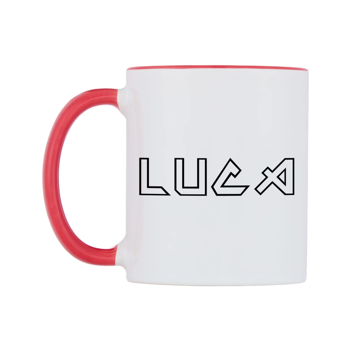 Luca - Iron Maiden Themed Mug — white 11oz gloss mug with a red inside and handle, right side, on a white background