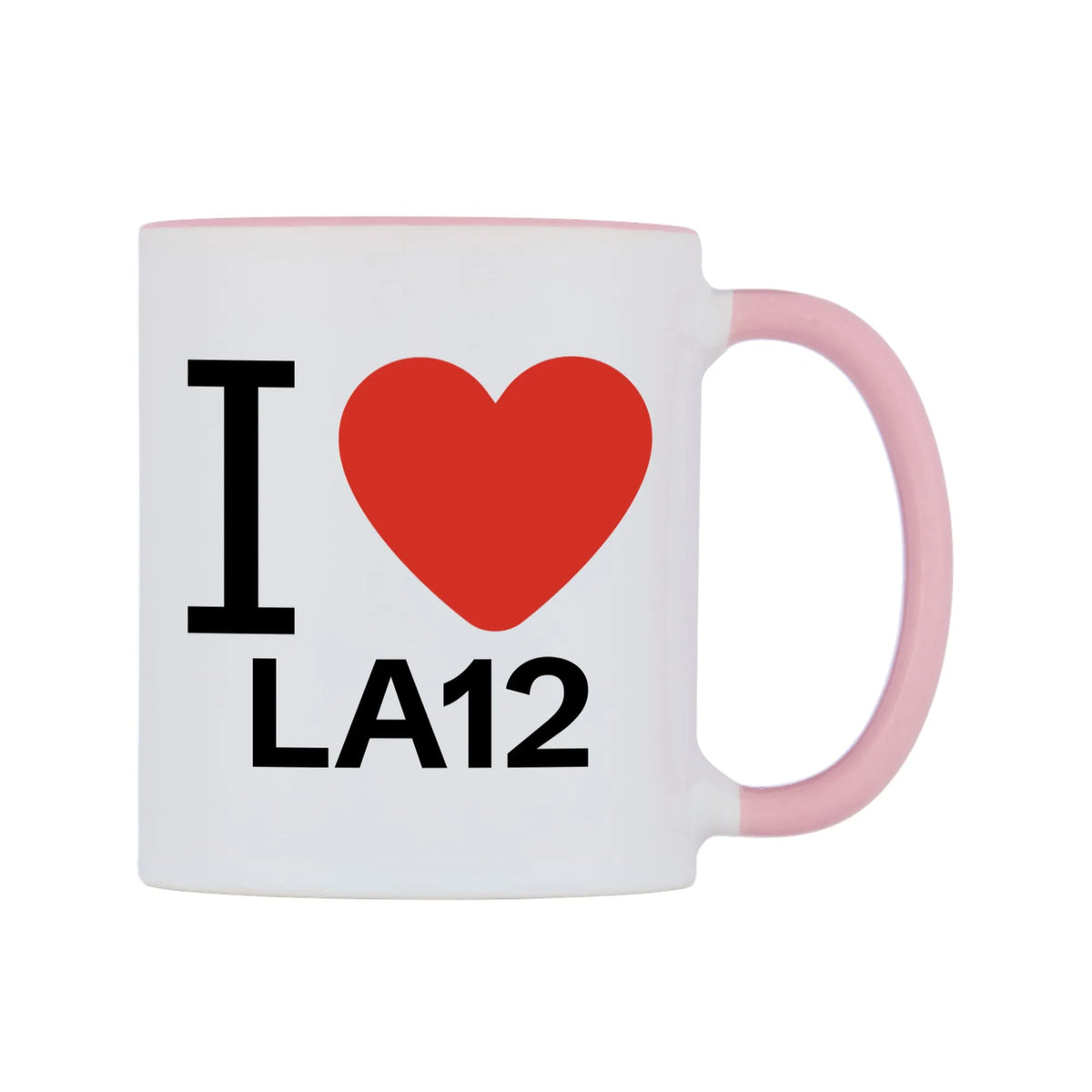 I Love LA12 Mug — white 11oz gloss mug with a pink inside and handle, left side, on a white background