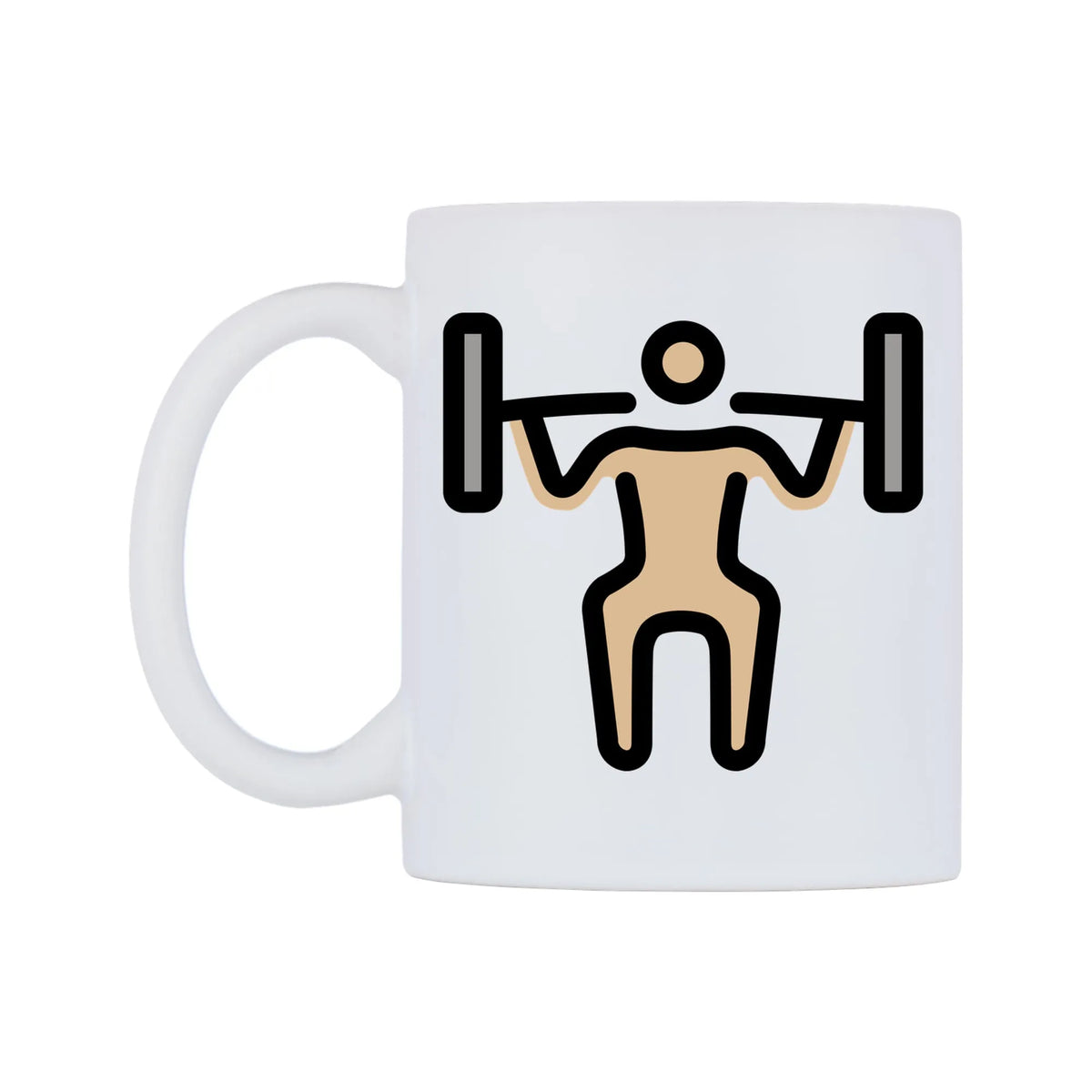 Male Lifting Weights: Medium-Light Skin Tone Emoji Mug — mug, right side, on a white background