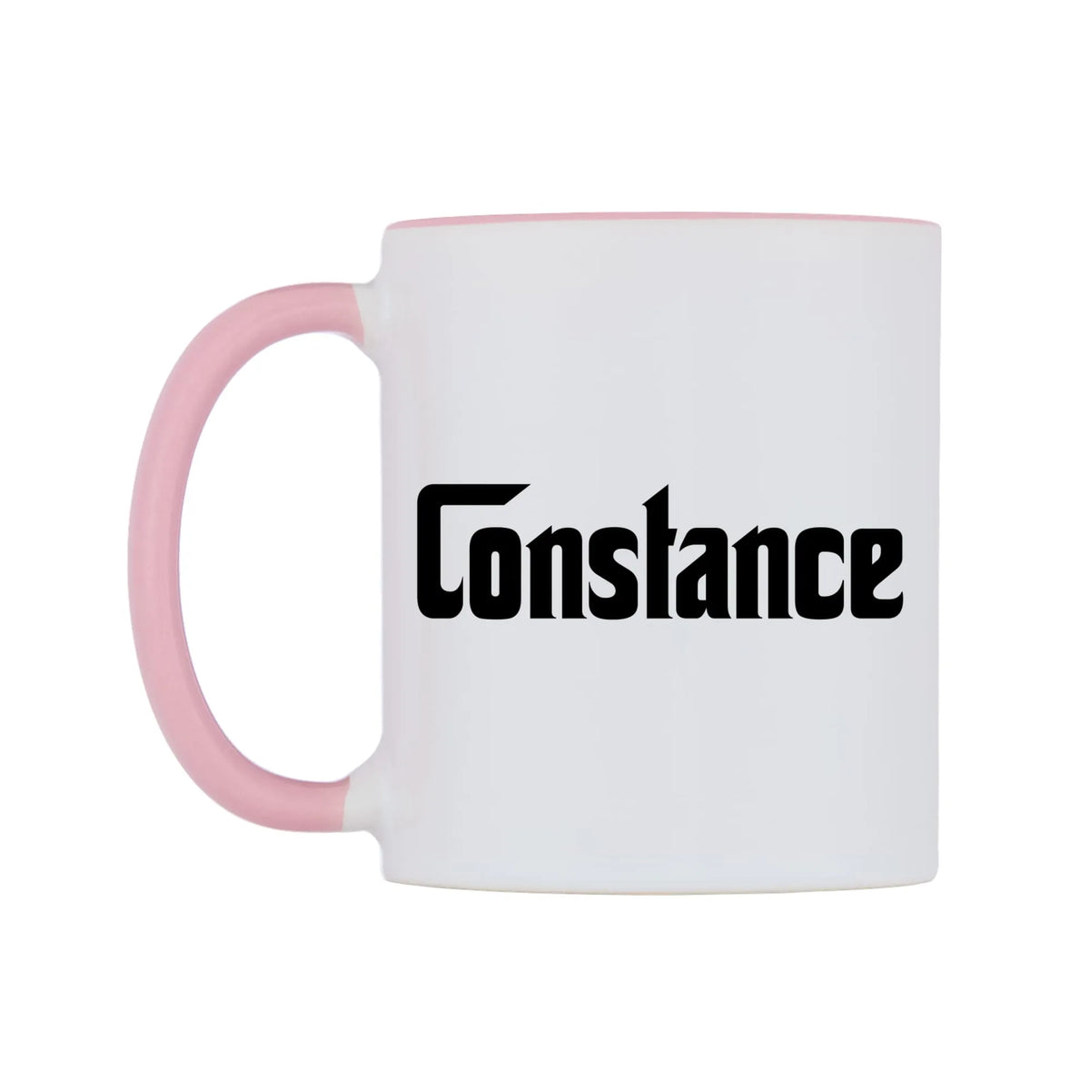 Constance - Godfather Themed Mug — white 11oz gloss mug with a pink inside and handle, right side, on a white background