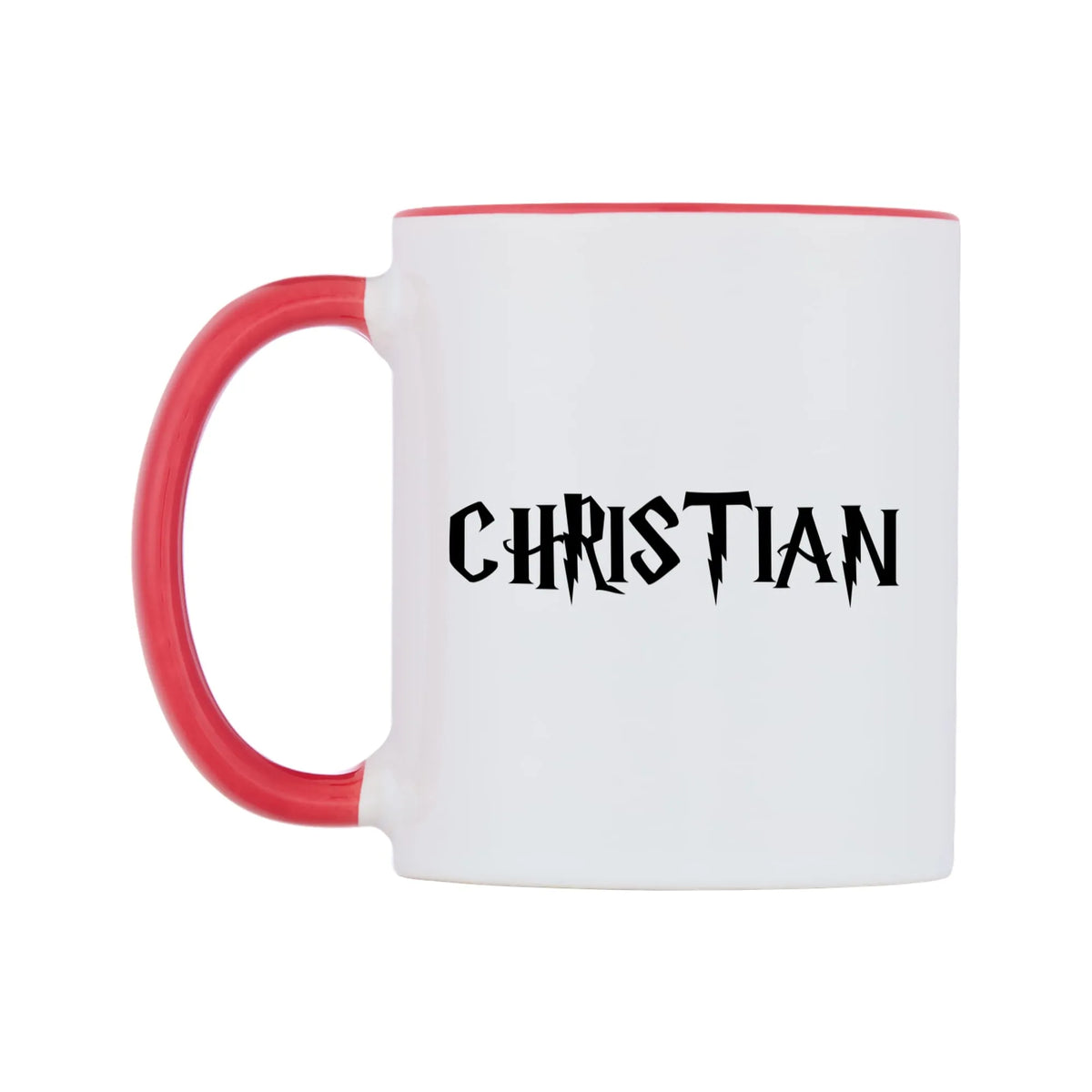 Christian - Wizard Themed Mug — white 11oz gloss mug with a red inside and handle, right side, on a white background