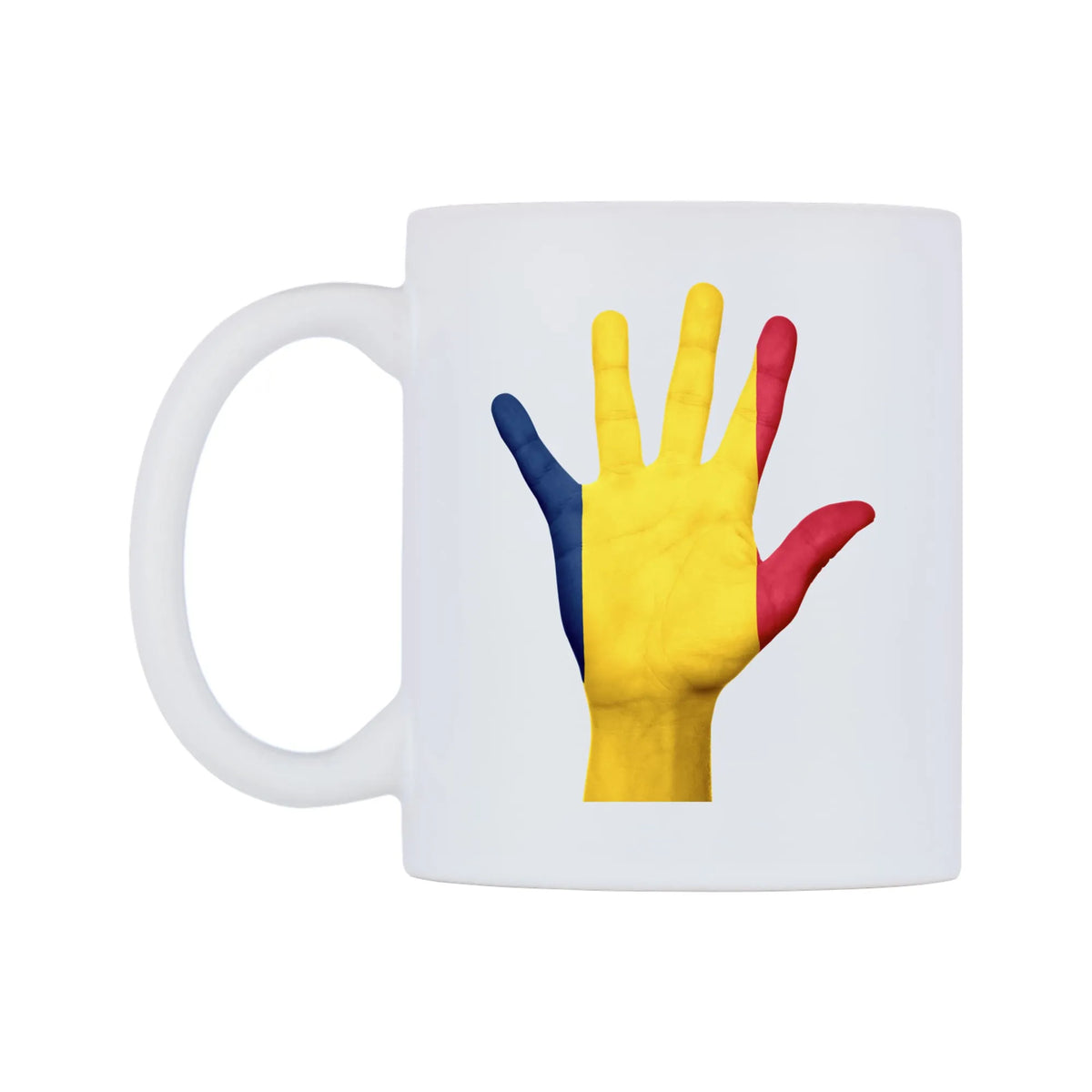Chad Hand Flag Mug — white 11oz gloss mug, right side, on a white background
