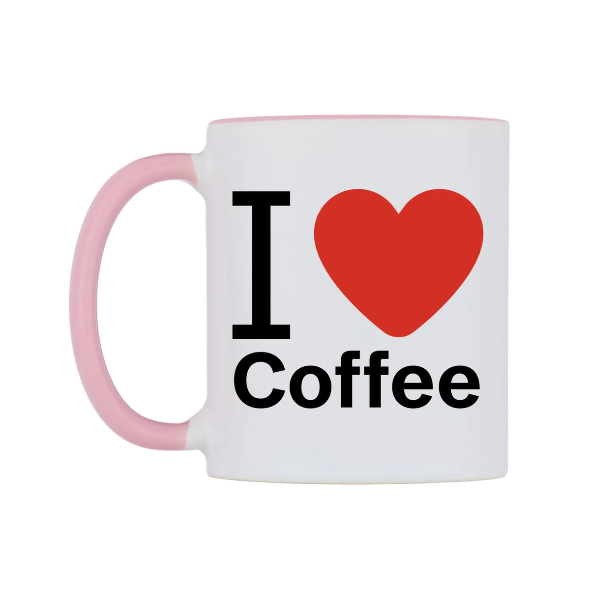 I Love Coffee Mug — white 11oz gloss mug with a pink inside and handle, right side, on a white background