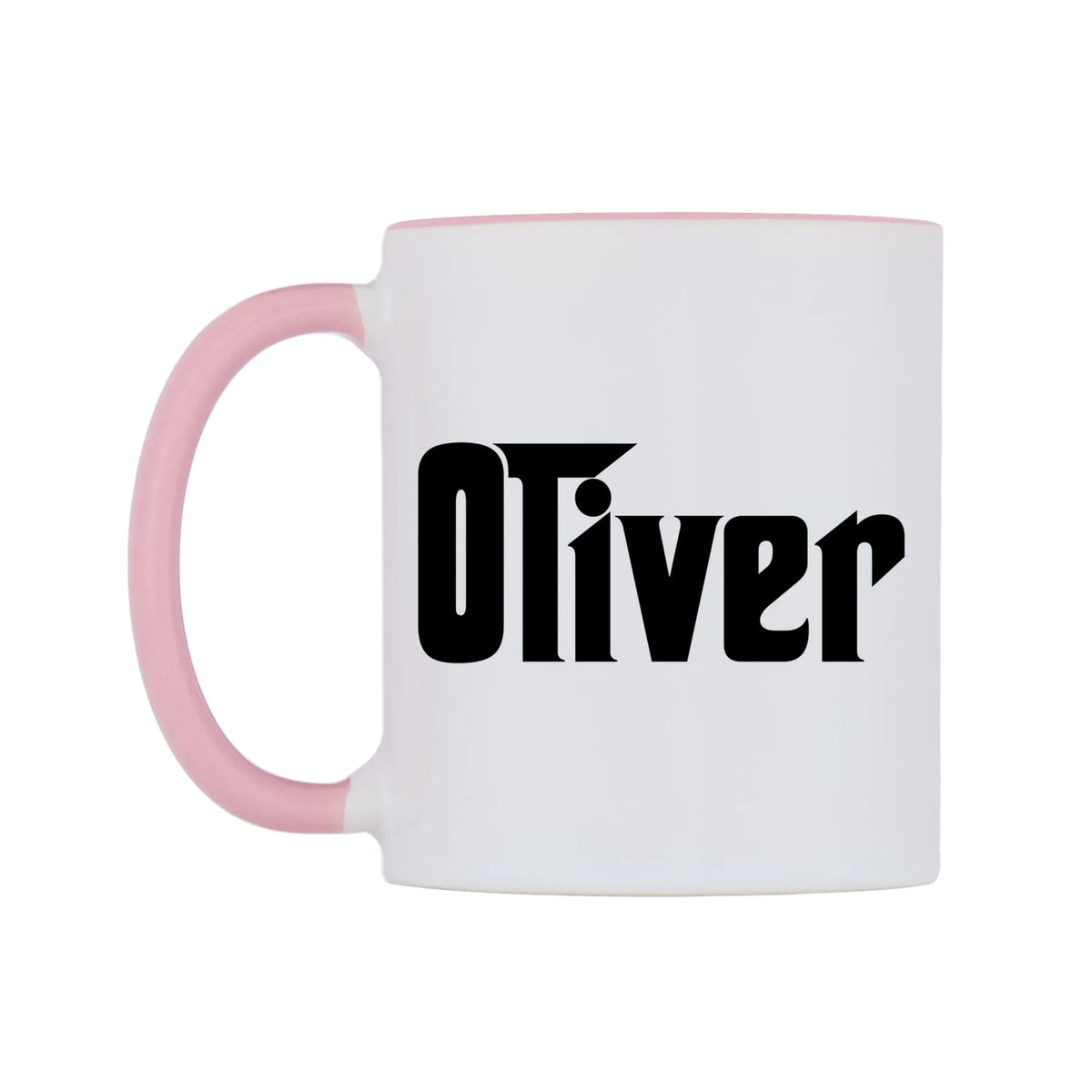 Oliver - Godfather Themed Mug — white 11oz gloss mug with a pink inside and handle, right side, on a white background