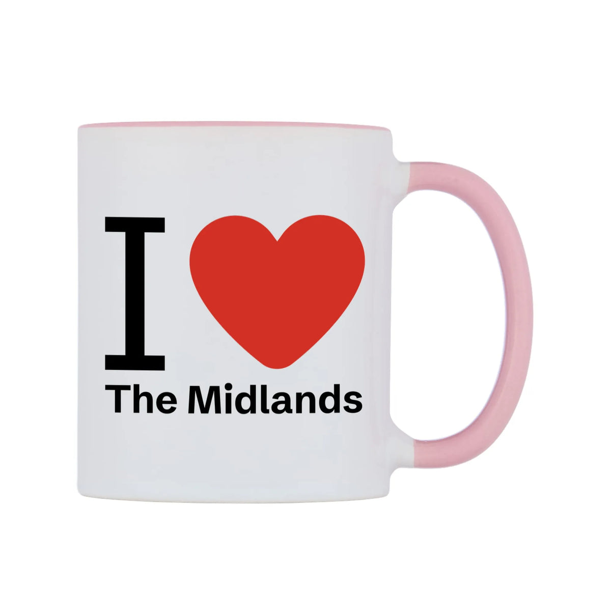 I Love The Midlands Mug — white 11oz gloss mug with a pink inside and handle, left side, on a white background