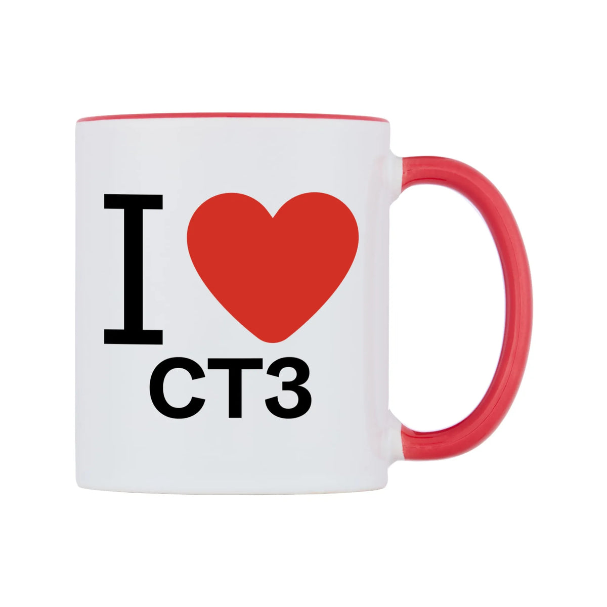 I Love CT3 Mug — white 11oz gloss mug with a red inside and handle, left side, on a white background
