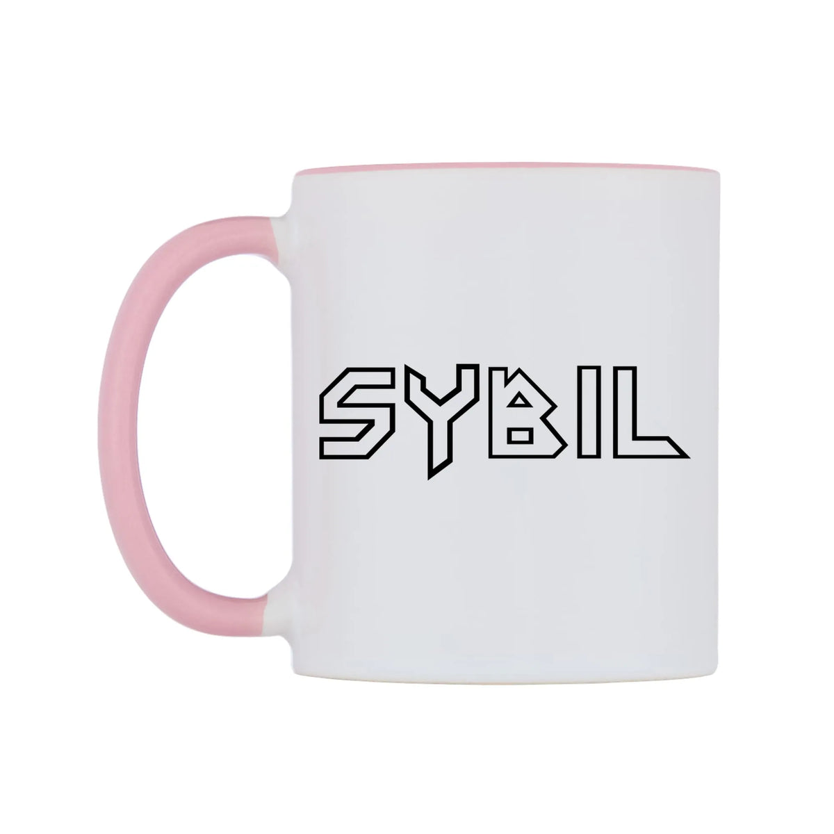 Sybil - Iron Maiden Themed Mug — white 11oz gloss mug with a pink inside and handle, right side, on a white background