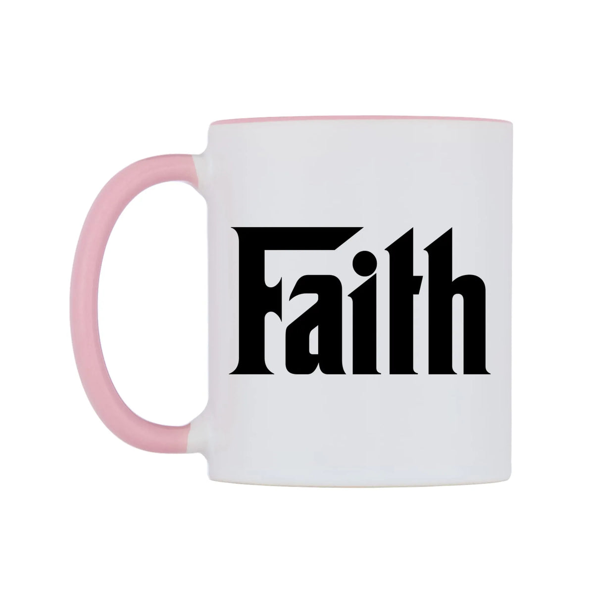 Faith - Godfather Themed Mug — white 11oz gloss mug with a pink inside and handle, right side, on a white background