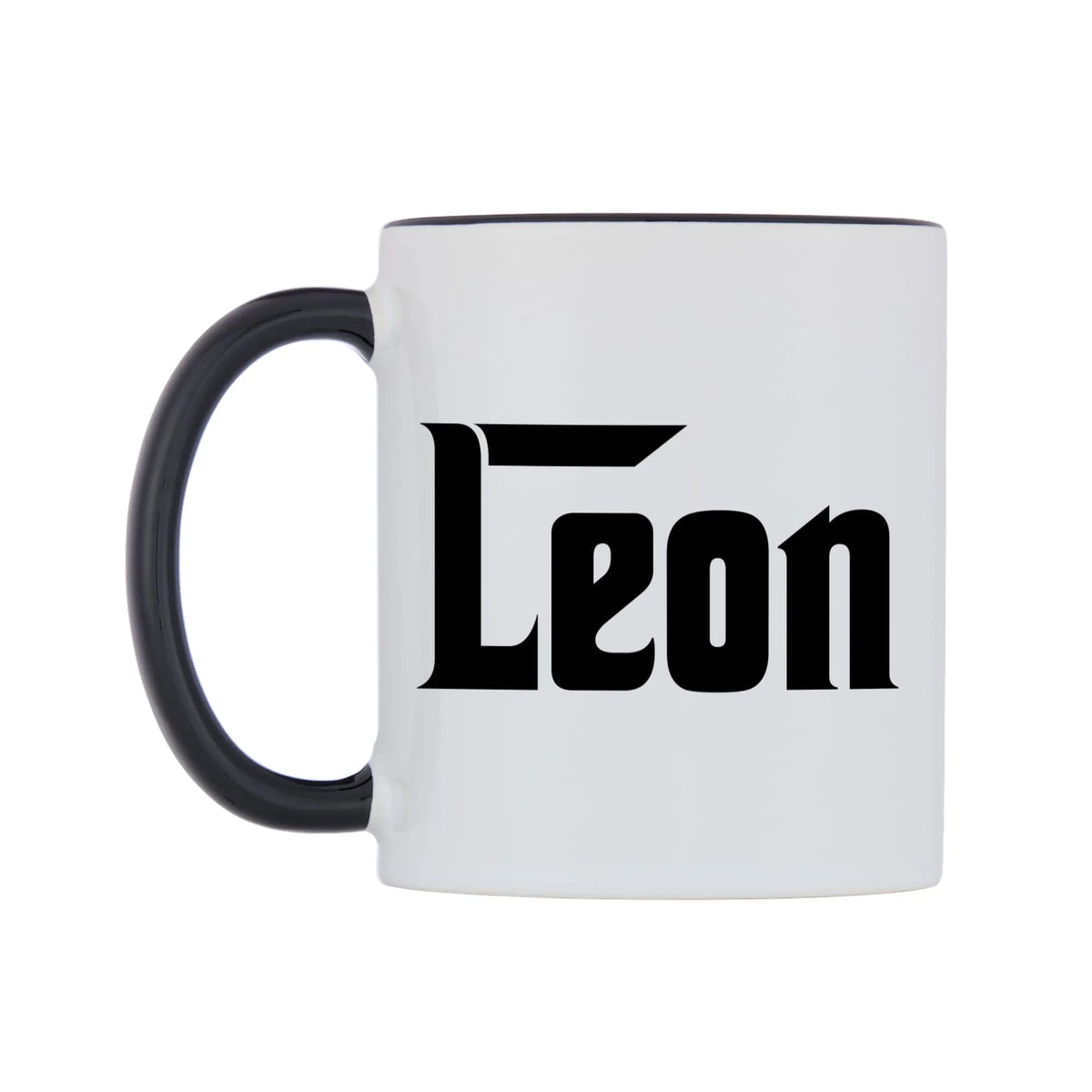 Leon - Godfather Themed Mug — white 11oz gloss mug with a black inside and handle, right side, on a white background