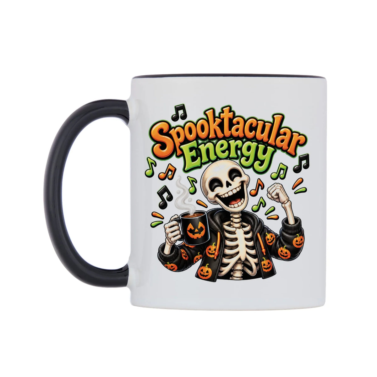 Spooktacular Energy Mug — white 11oz gloss mug with a black inside and handle, right side, on a white background