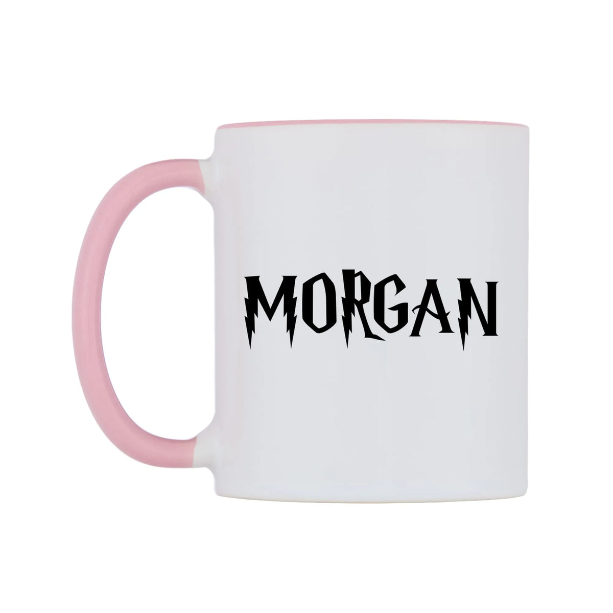 Morgan - Wizard Themed Mug — white 11oz gloss mug with a pink inside and handle, right side, on a white background