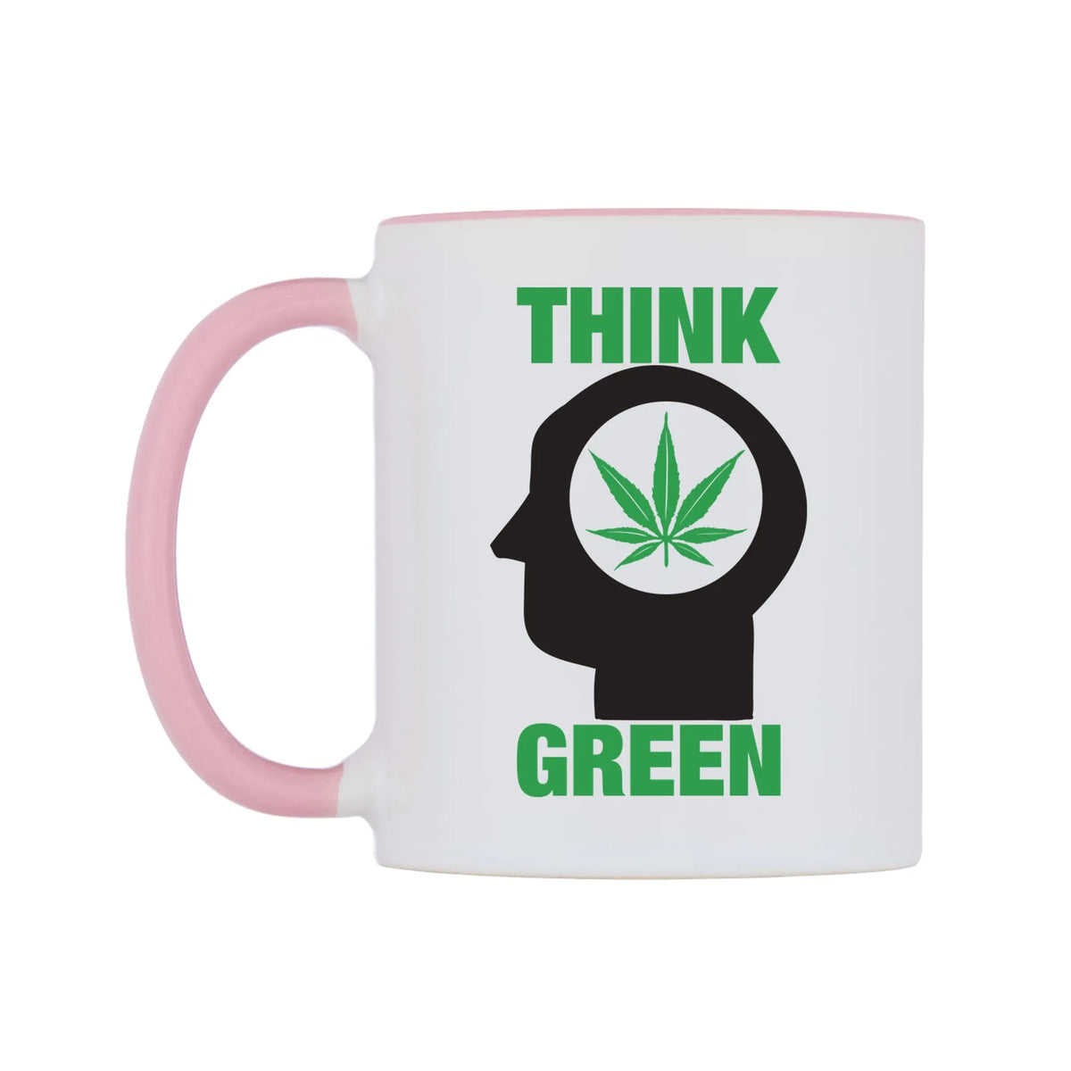 Think Green Mug — white 11oz gloss mug with a pink inside and handle, right side, on a white background