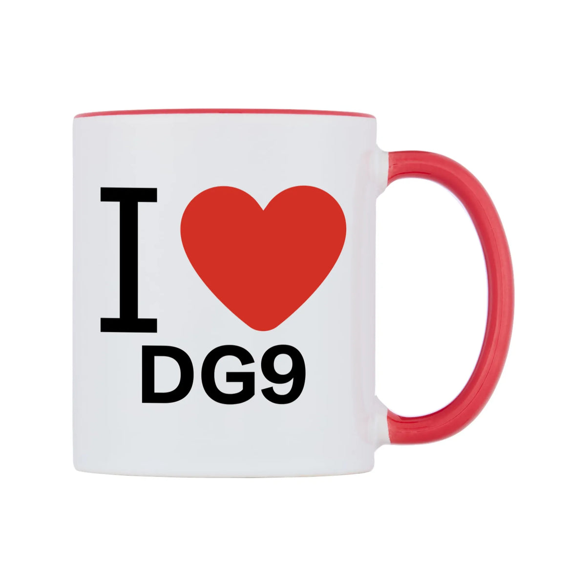 I Love DG9 Mug — white 11oz gloss mug with a red inside and handle, left side, on a white background