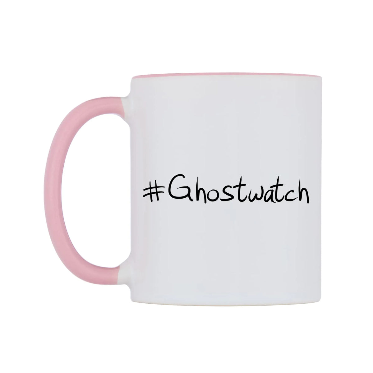 Ghostwatch Mug — white 11oz gloss mug with a pink inside and handle, right side, on a white background
